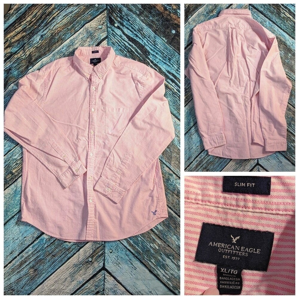Coastal Preppy American Eagle Pink Stripe Slim Fit Button‎ Shirt XL Cotton